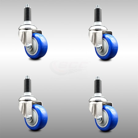 Service Caster 3 Inch 316SS Blue Polyurethane Swivel 1 Inch Expanding Stem Caster Set SCC SCC-SS316EX20S314-PPUB-BLUE-1-4